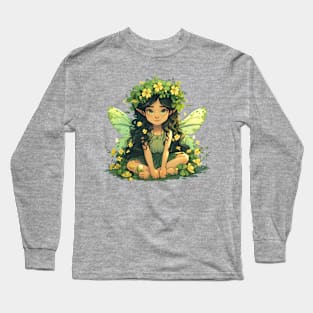 Cute Saint Patrick's Day Fairy sitting in four leaf clovers shamrocks and flowers happy St. Patricks Day Long Sleeve T-Shirt